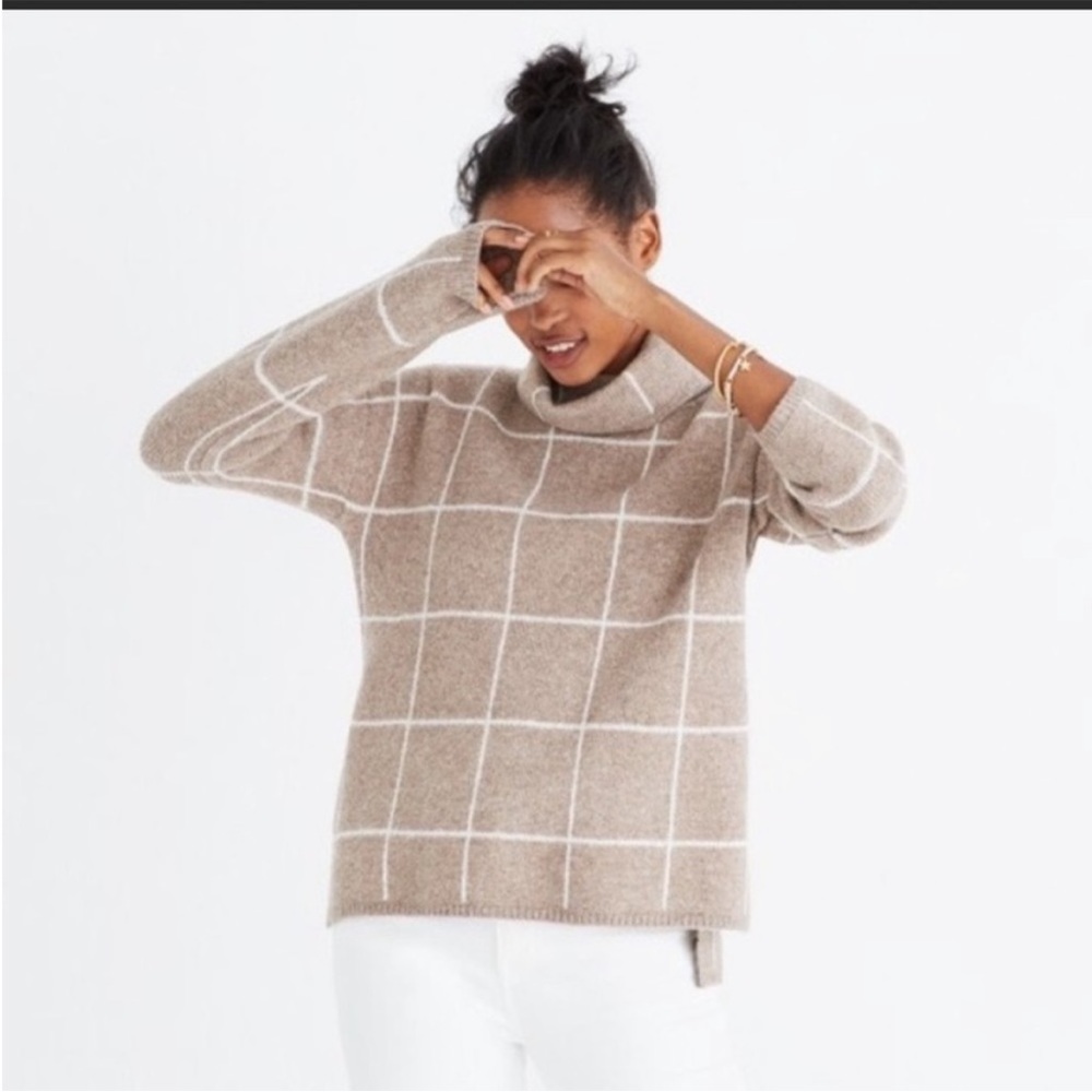MADEWELL Light Brown & White Check Wool Blend Turtleneck Sweater Size S
